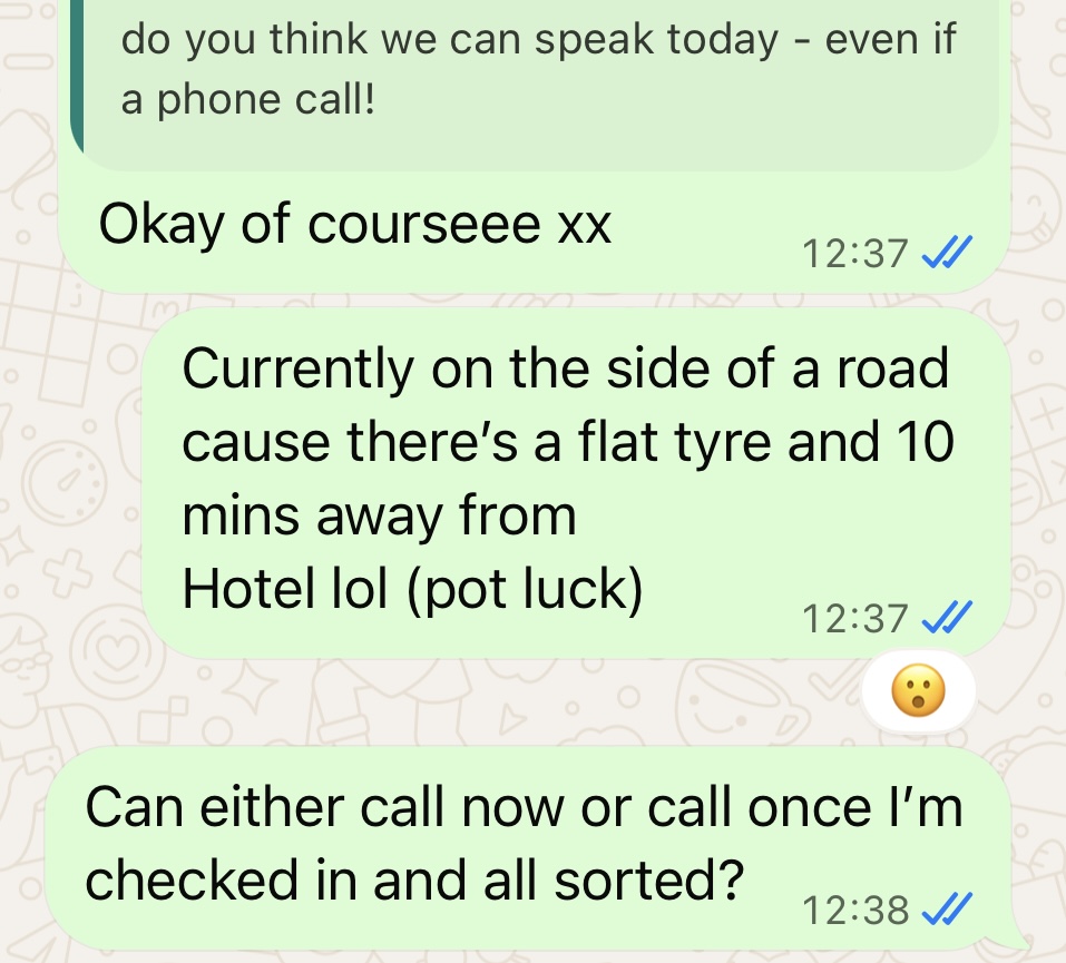 Tess arranging an urgent call with a client